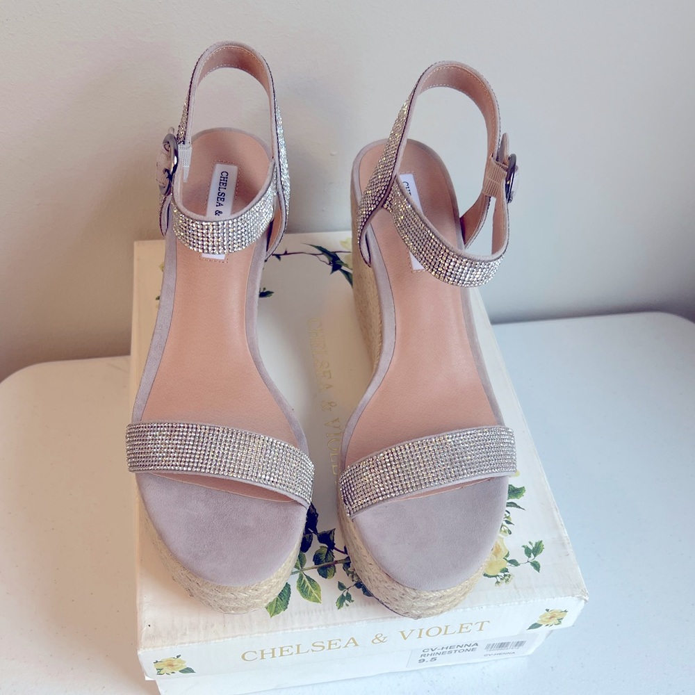 Chelsea & Violet Size 9.5 Rhinestone Henna 4” Wedge Espadrille Heels New In Box